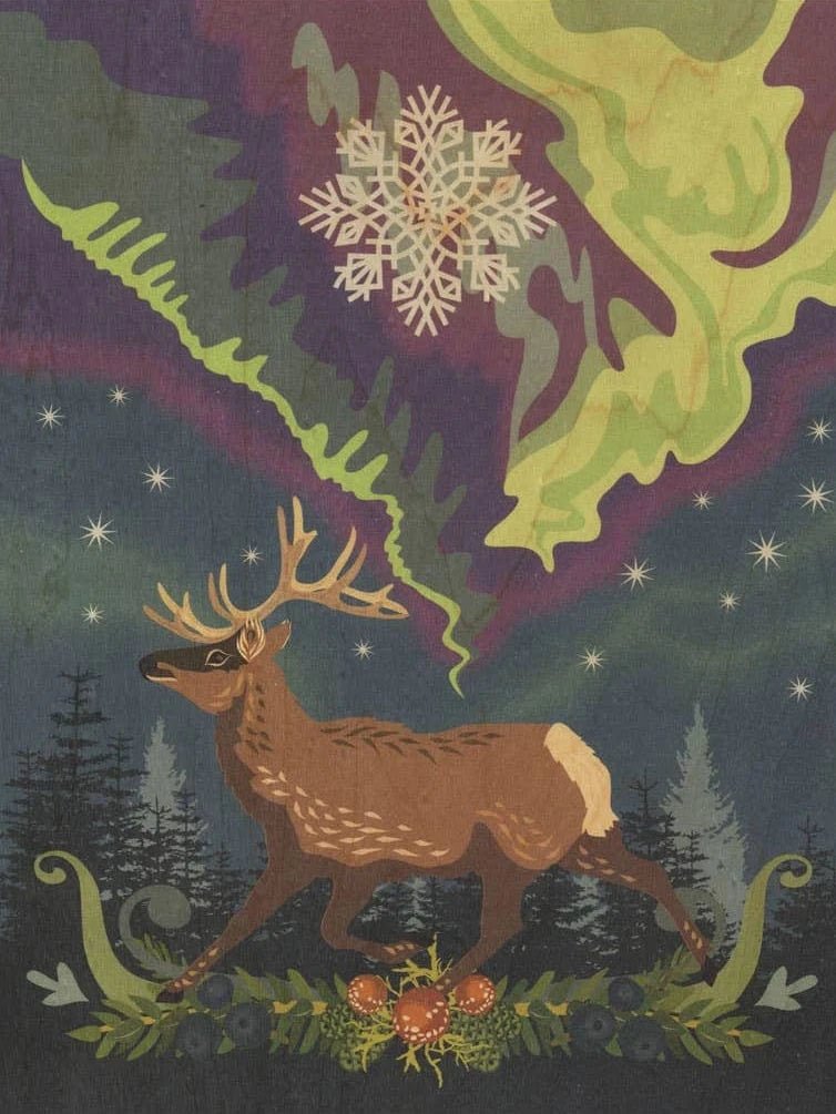 Aurora Reindeer Small Wood Print, 11" x 8.5" - Shop at Persephone's Hearth