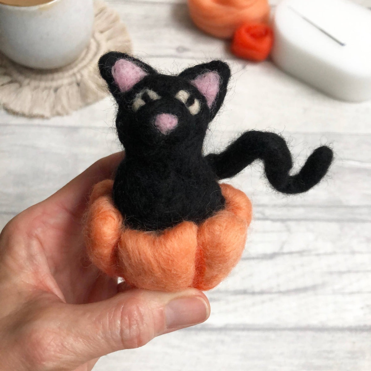 Beginner Black Cat In Pumpkin Needle Felting Kit - Shop at Persephone's Hearth