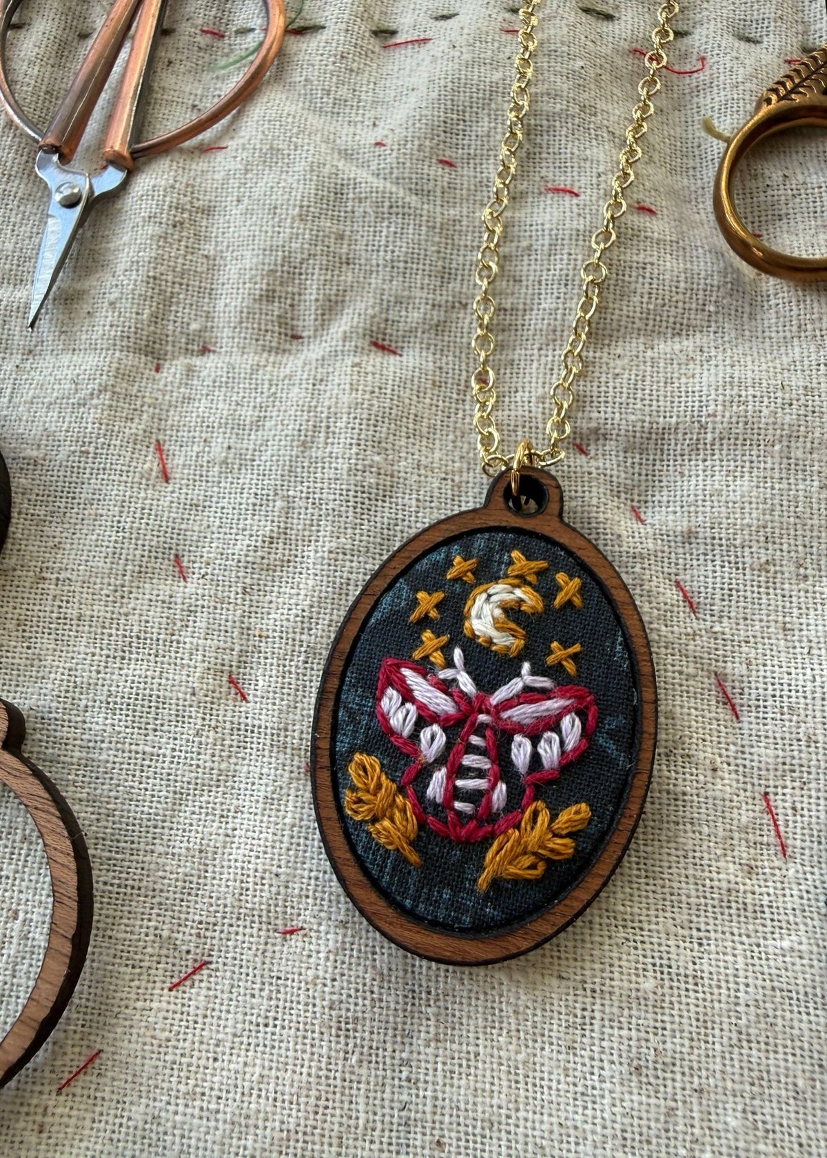 Beginner Moth Necklace Embroidery Kit - Shop at Persephone's Hearth
