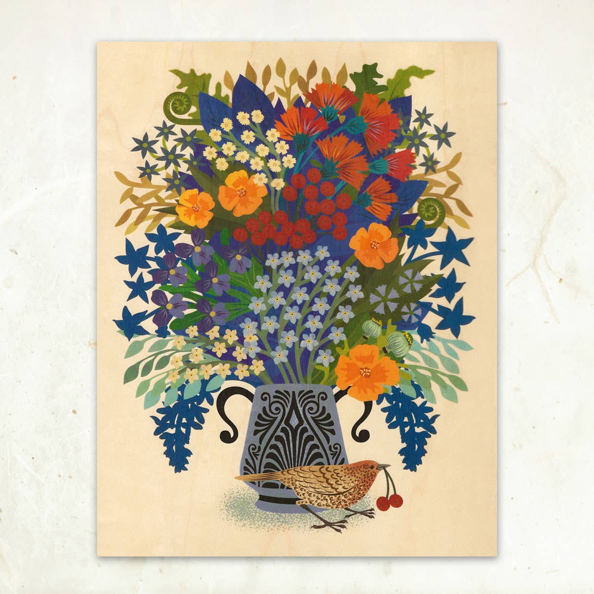 "Berry Thief" Small Wood Print, 11" x 8.5" - Shop at Persephone's Hearth