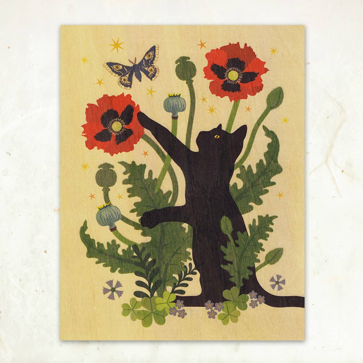 "Black Cat & Poppies" Small Wood Print, 11" x 8.5" - Shop at Persephone's Hearth
