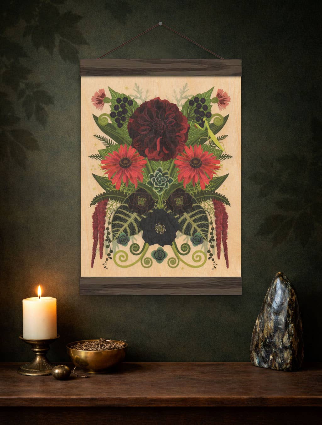 Black Dahlia Small Wood Print, 11" x 8.5" - Shop at Persephone's Hearth