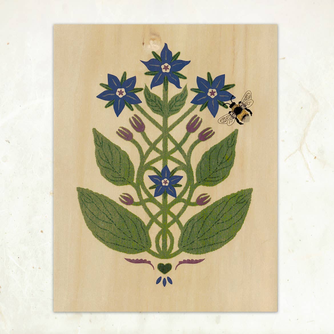 "Borage and Bee" Small Wood Print, 11" x 8.5" - Shop at Persephone's Hearth