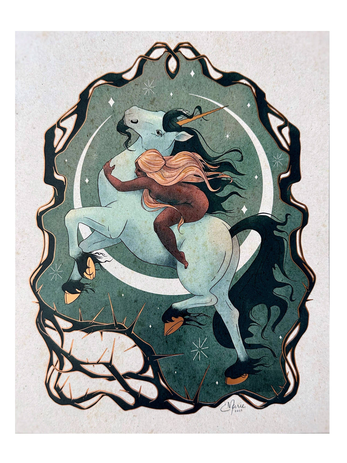 Elissa Marie Creative Giclee Print Gold Foil "Unicorn + Maiden" Art Print, 10" x 8"