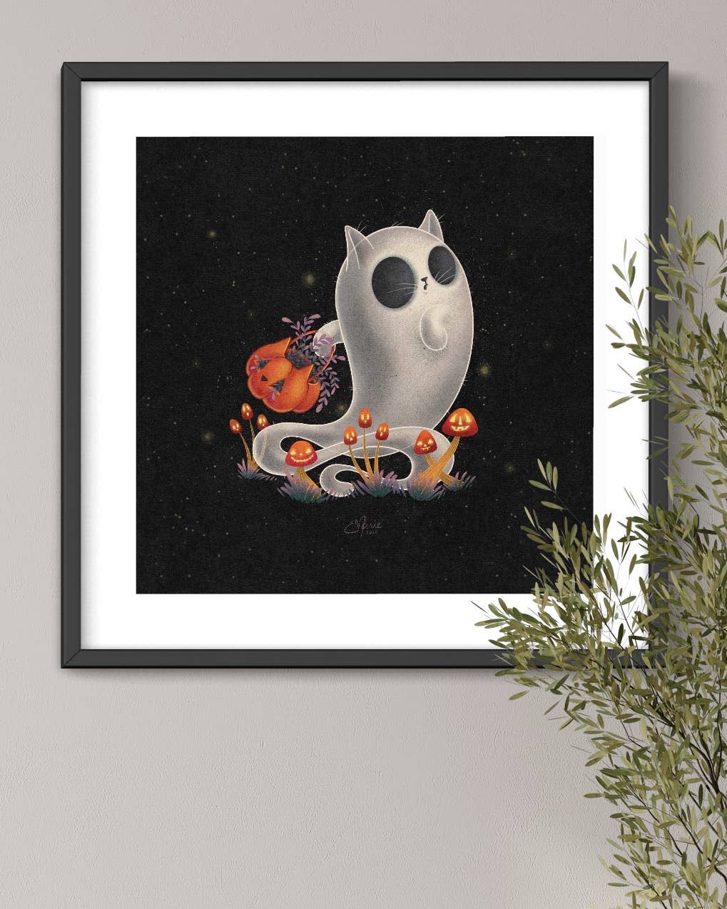 Elissa Marie Creative Giclee Print Scaredy Cat 8x8 Art Print | spooky | ghost | kitty | pumpkin