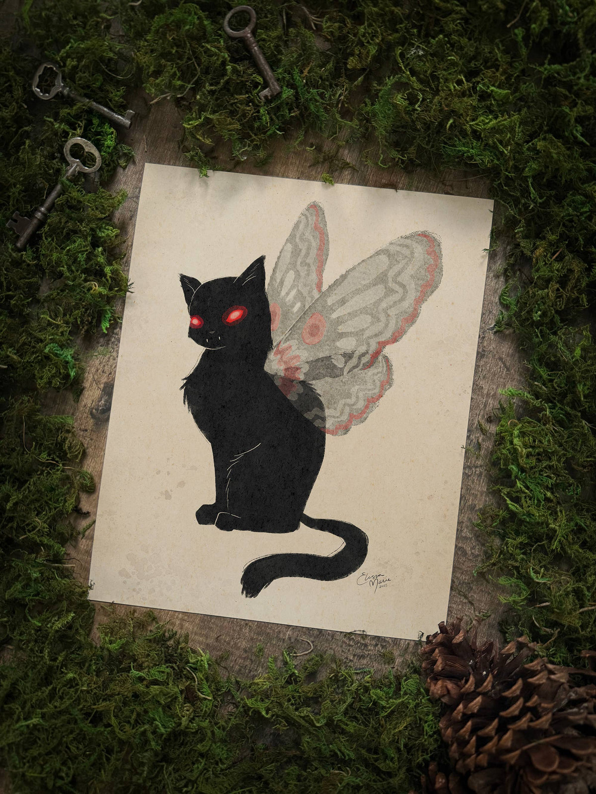 Elissa Marie Creative Meowthman: Sittin' Pretty Art Print  | mothman | cats : 8x10