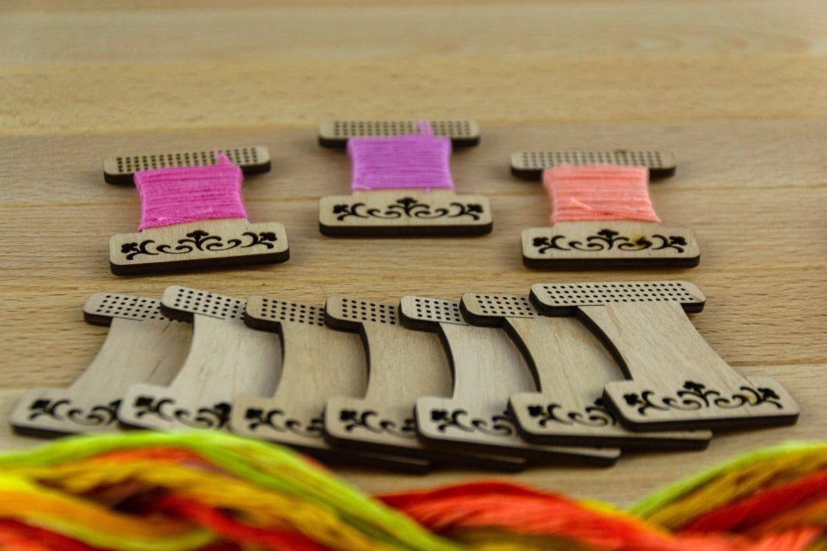 Engraved Wooden Swatch Thread Bobbins (20 pieces) - Shop at Persephone's Hearth