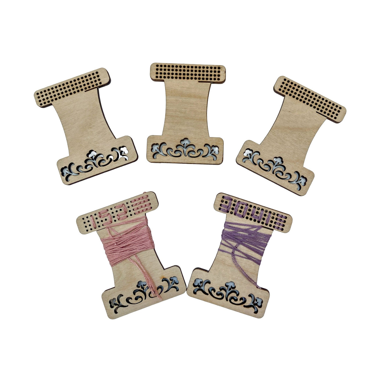 Engraved Wooden Swatch Thread Bobbins (20 pieces) - Shop at Persephone's Hearth