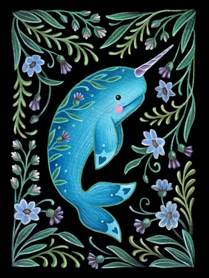 Faina Lorah Giclee Print 5" x 7" Narwhal Folk Art Print, multiple sizes