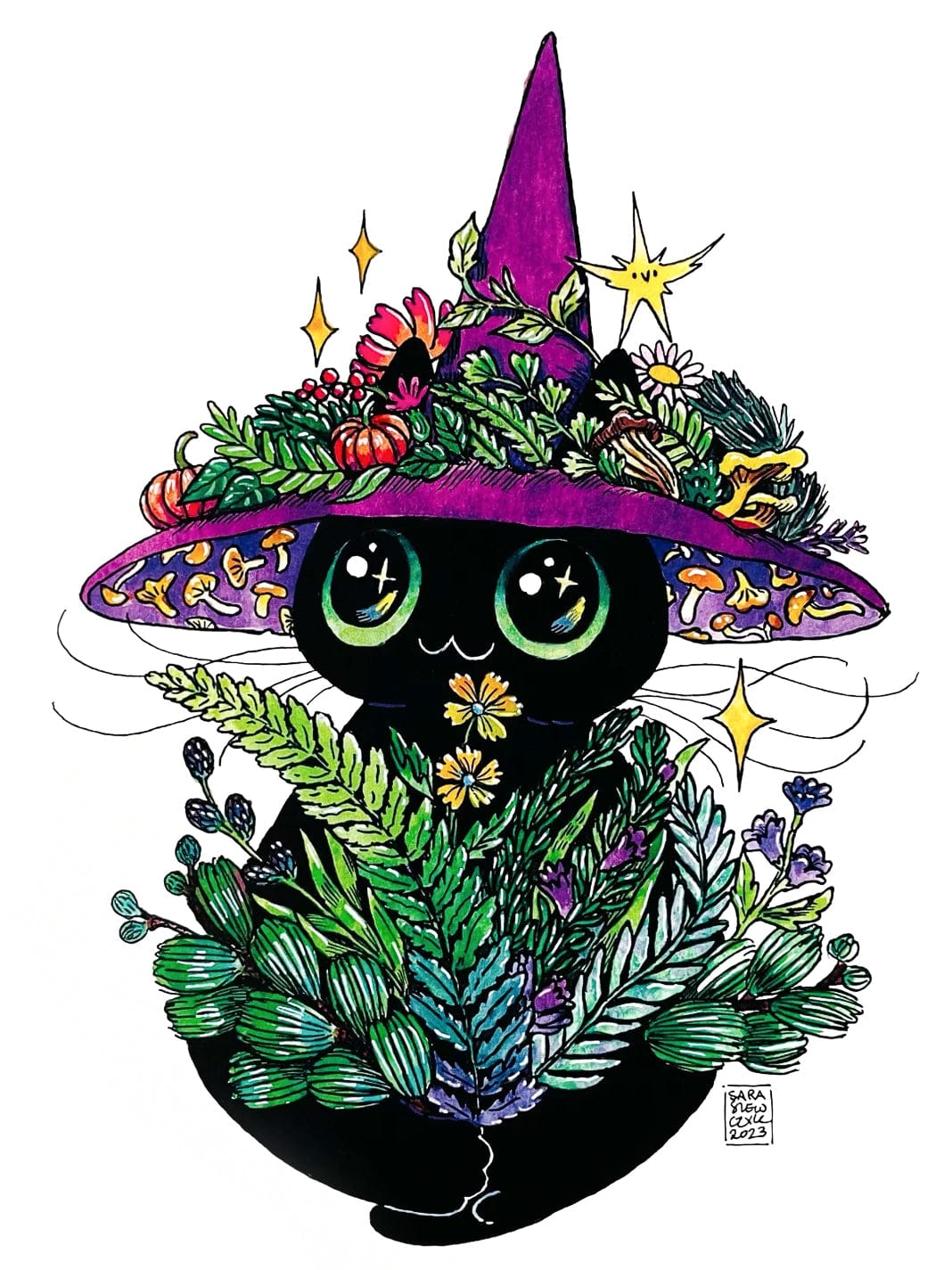 Festive Witch Cat Art Print, 11.8" x 8.3" - Shop at Persephone's Hearth