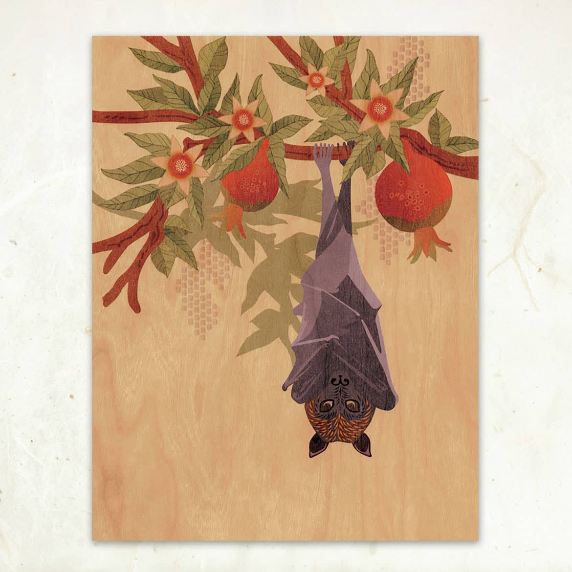 "Fruit Bat and Pomegranate" Small Wood Print, 11" x 8.5" - Shop at Persephone's Hearth