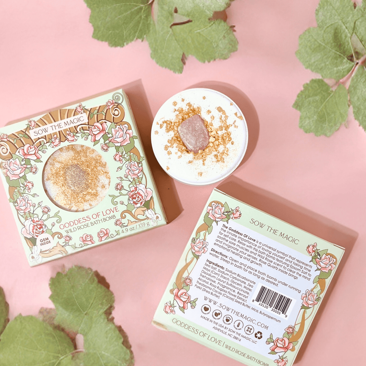 Goddess of Love Wild Rose Bath Bomb with Rose Quartz - Shop at Persephone's Hearth