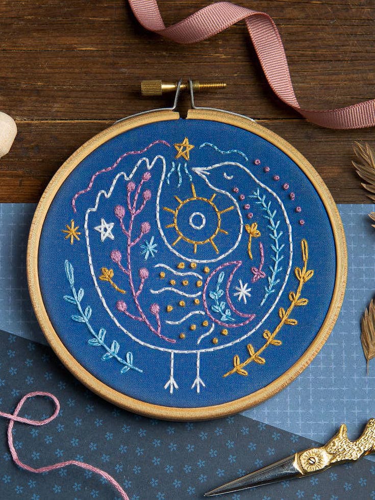 Hawthorn Handmade Embroidery Kit 4" Beginner Celestial Bird Embroidery Kit