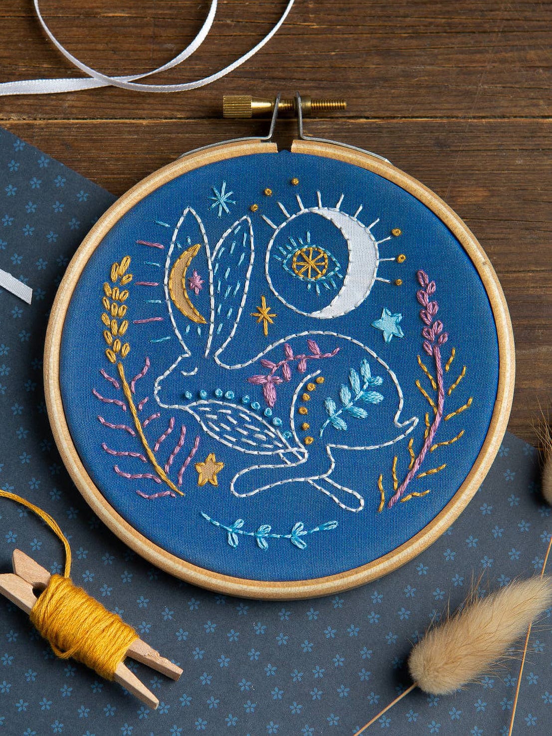 Hawthorn Handmade Embroidery Kit 4" Beginner Celestial Hare Embroidery Kit