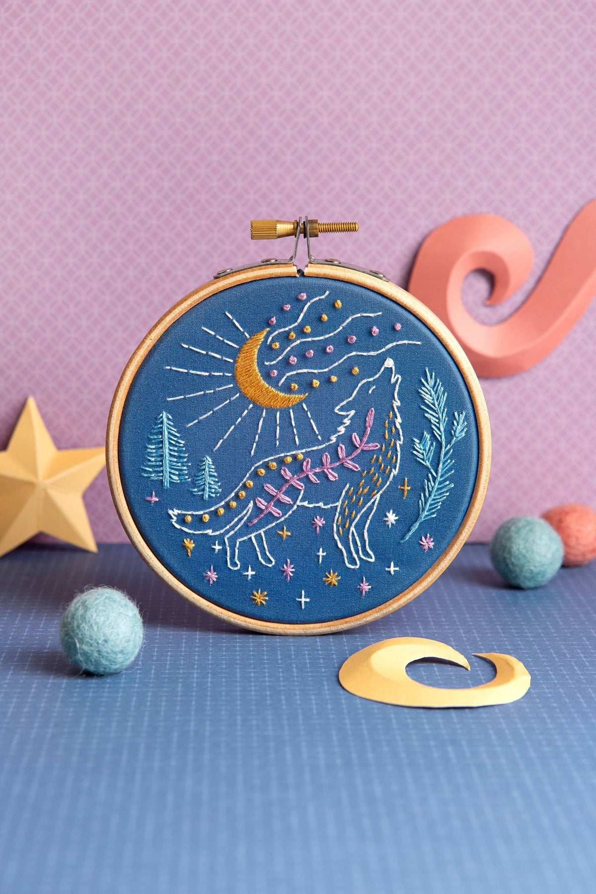 Hawthorn Handmade Embroidery Kit 4" Beginner Celestial Wolf Embroidery Kit