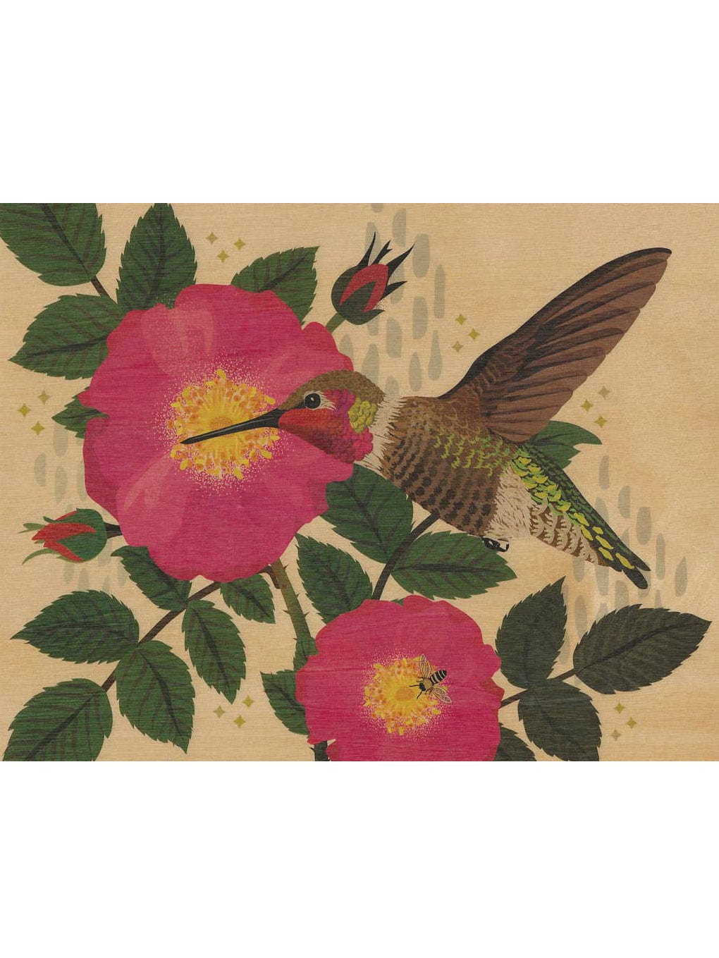 Hummingbird & Wild Rose Small Wood Print - Shop at Persephone's Hearth