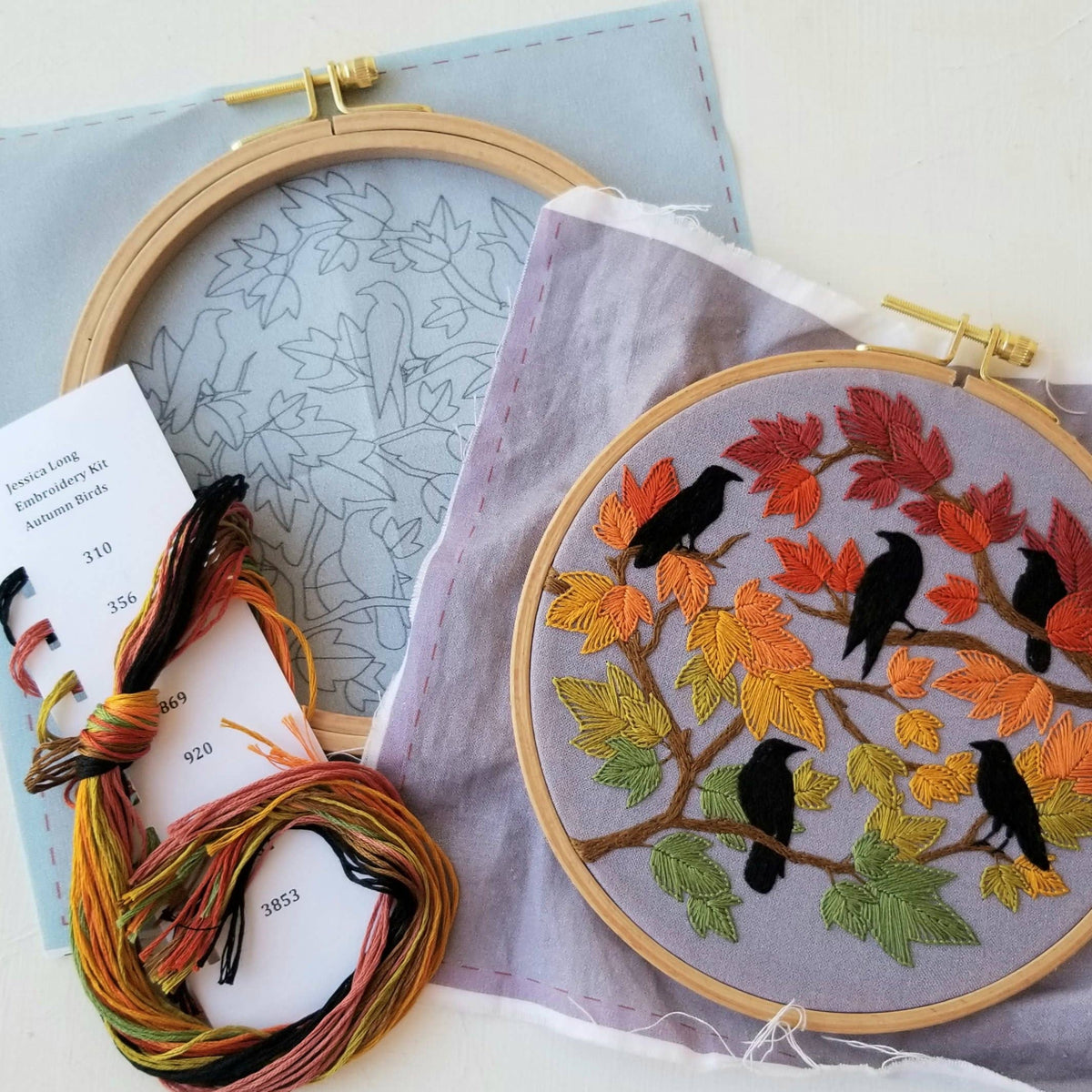 Jessica Long Embroidery Autumn Birds Embroidery Kit: Grey-blue