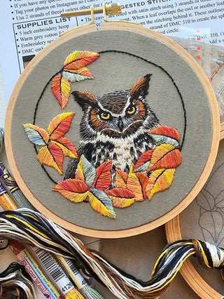 Jessica Long Embroidery Embroidery Kit 5" Great Horned Owl Embroidery Kit