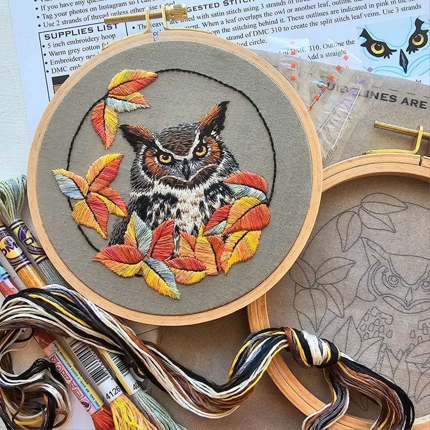 Jessica Long Embroidery Embroidery Kit 5" Great Horned Owl Embroidery Kit