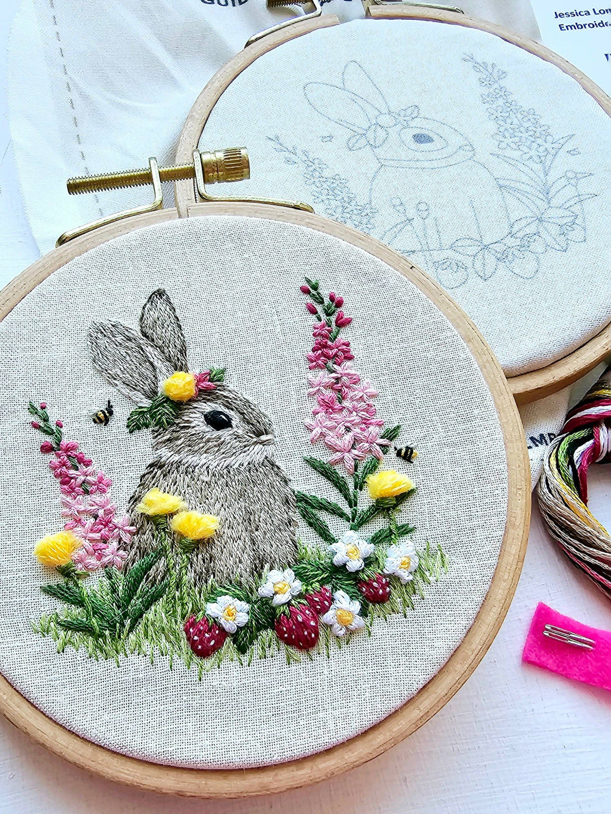 Jessica Long Embroidery Embroidery Kit Berry Patch Bunny Embroidery Craft Kit