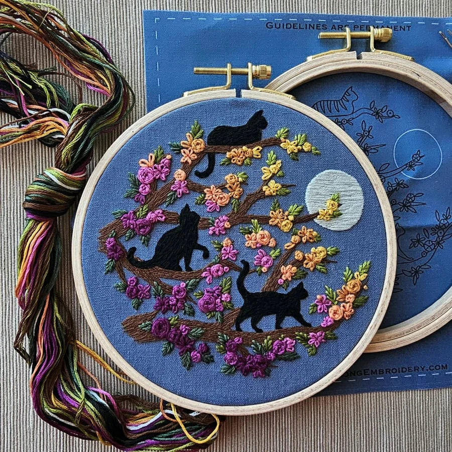 Jessica Long Embroidery Embroidery Kit *Pre-Order* 6" Beginner Black Cats & Full Moon Embroidery Kit