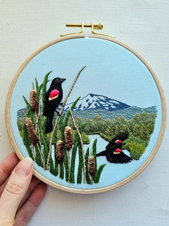 Jessica Long Embroidery Embroidery Kit *Pre-Order* 6" Red-Winged Blackbirds Embroidery Kit