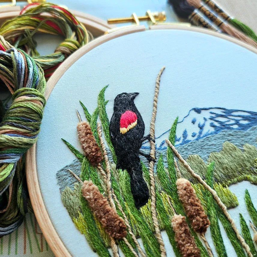Jessica Long Embroidery Embroidery Kit *Pre-Order* 6" Red-Winged Blackbirds Embroidery Kit