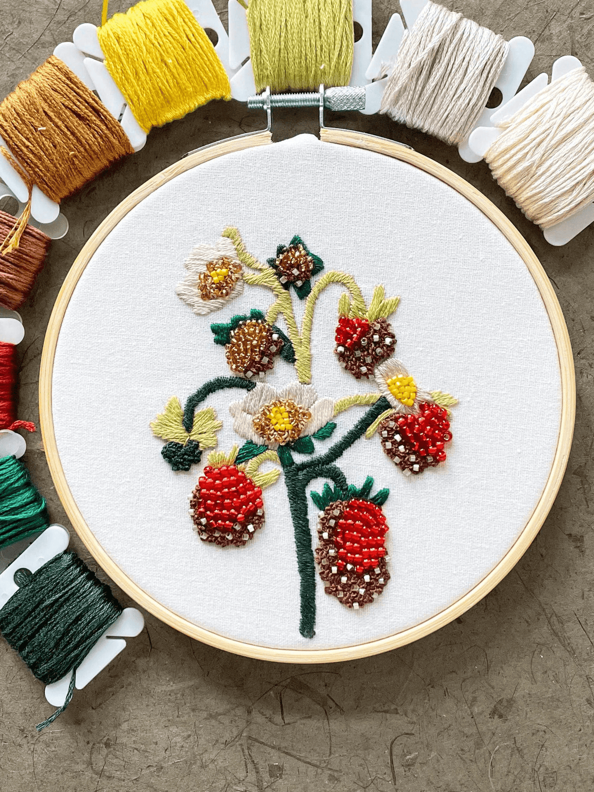 Kate Wyatt Fine Art Embroidery Kit 5" Beginner Strawberry Blossoms Beadwork Embroidery Kit