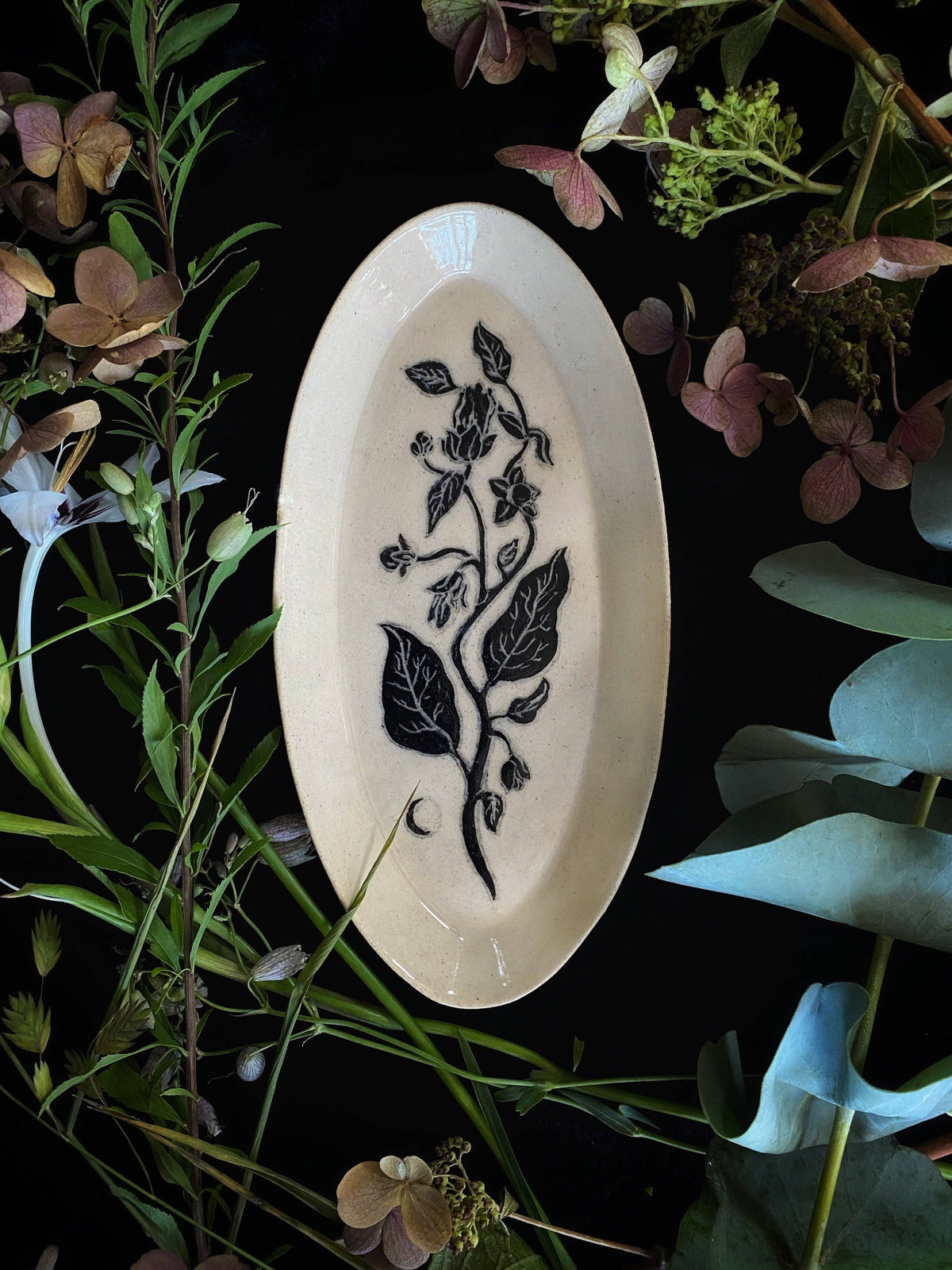 Keven Craft Rituals LLC Black Sgraffito Belladonna Ceramic Offering Plates: 9.5” x 4.67”