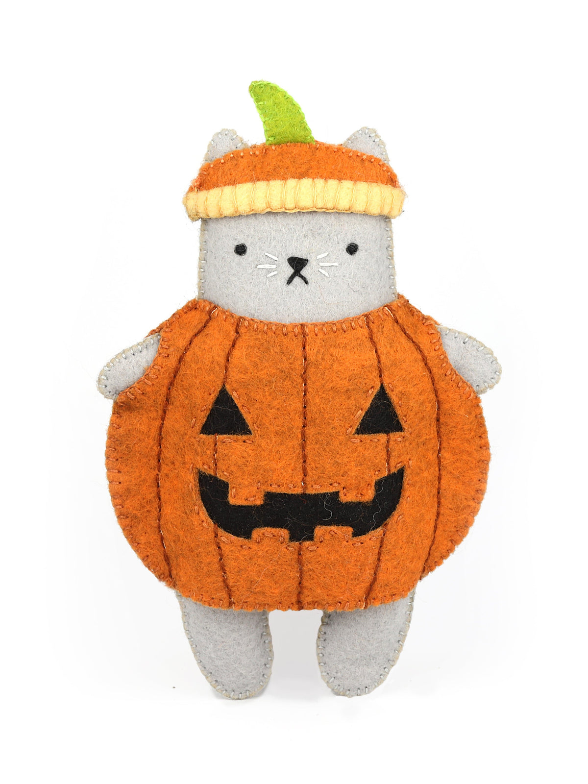 The *Limited Edition* Pumpkin Cat Embroidery & Felt Doll Kit by Kiriki Press features a gray plush cat in an orange jack-o-lantern costume with a matching stemmed hat, presented as a DIY sewing kit against a plain white background.