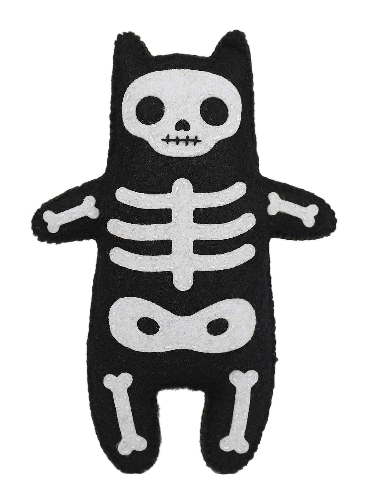 The *Limited Edition* Skeleton Cat Embroidery & Felt Doll Kit by Kiriki Press features a black plush cat with white felt bones—perfect for doll making enthusiasts or fans of quirky, handcrafted designs.