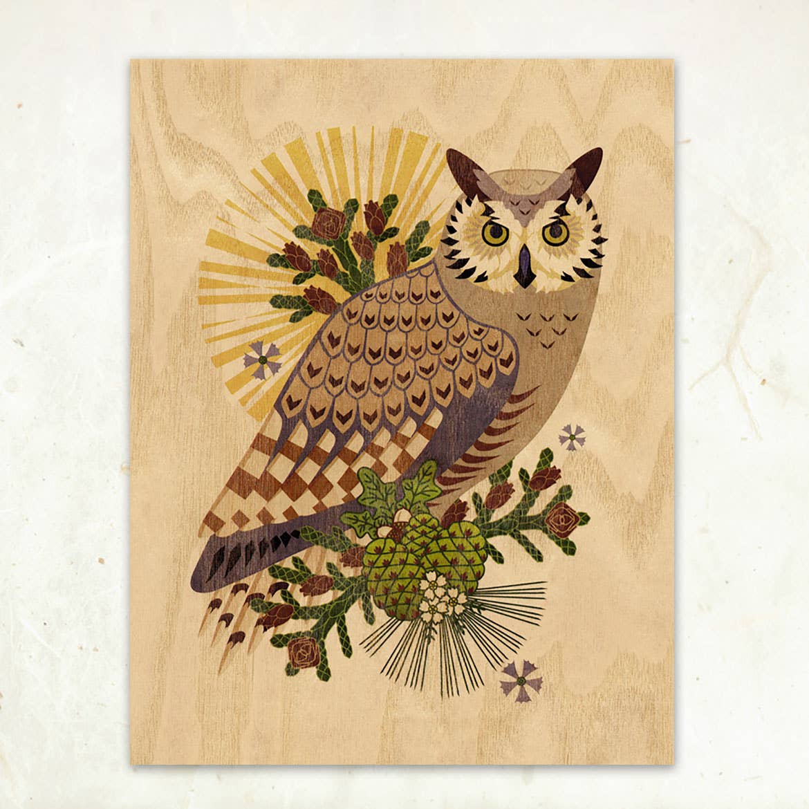 Little Gold Fox Designs Great Horned Owl Small Wood Print
