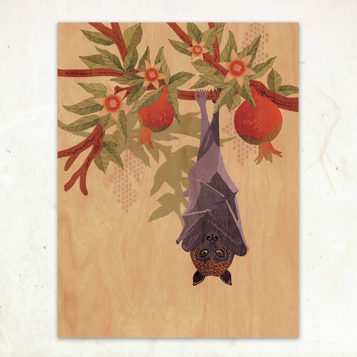 Little Gold Fox Designs Wood Art Print Fruit Bat and Pomegranate Small Wood Print