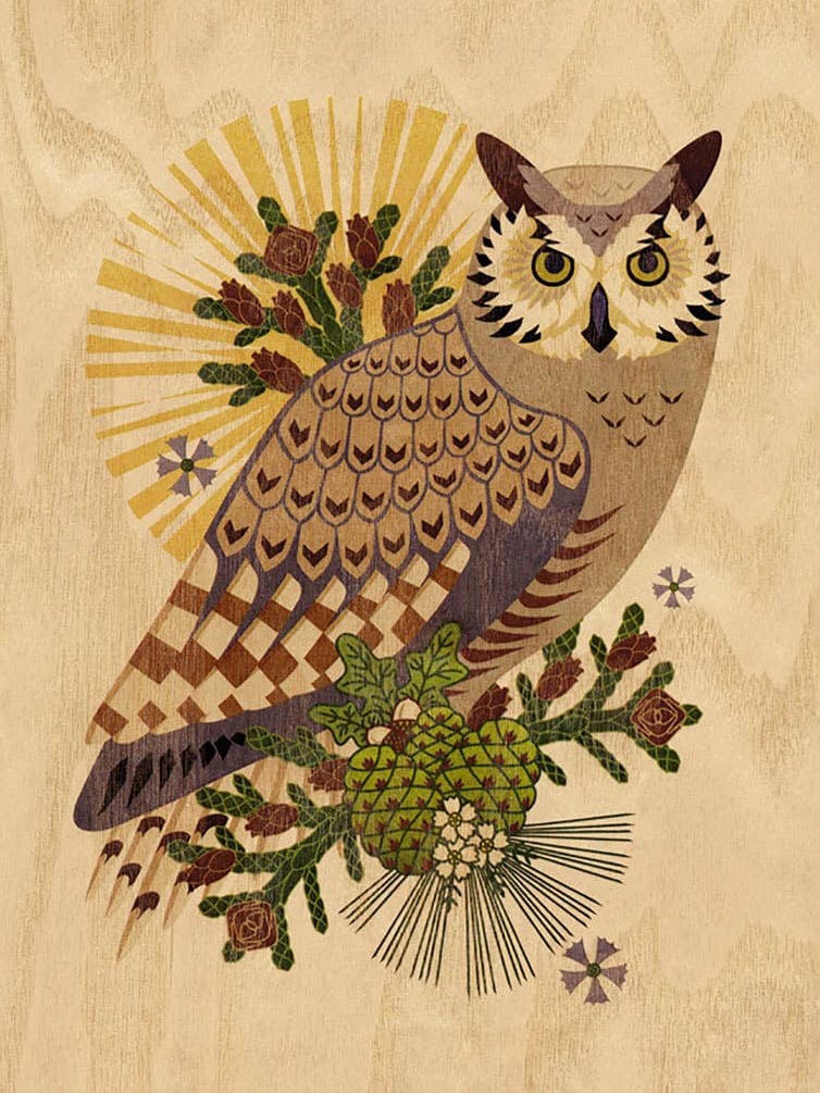 Little Gold Fox Designs Wood Art Print Great Horned Owl Small Wood Print