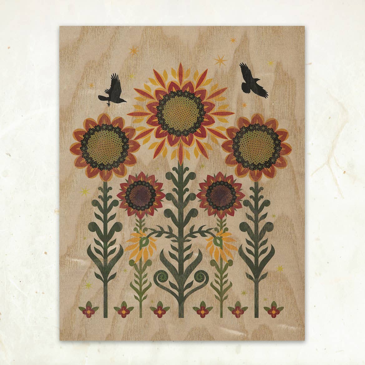Little Gold Fox Designs Wood Art Print Sunflowers & Crows Small Wood Print