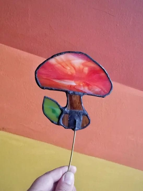 Lost & Found Design Decorative Plant Stake Mushroom with Leaf Stained Glass Plant Stake