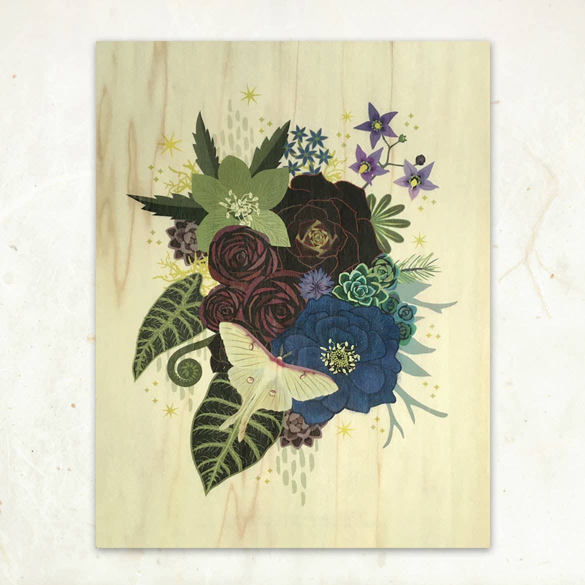 "Luna Moth Bouquet" Small Wood Print, 11" x 8.5" - Shop at Persephone's Hearth