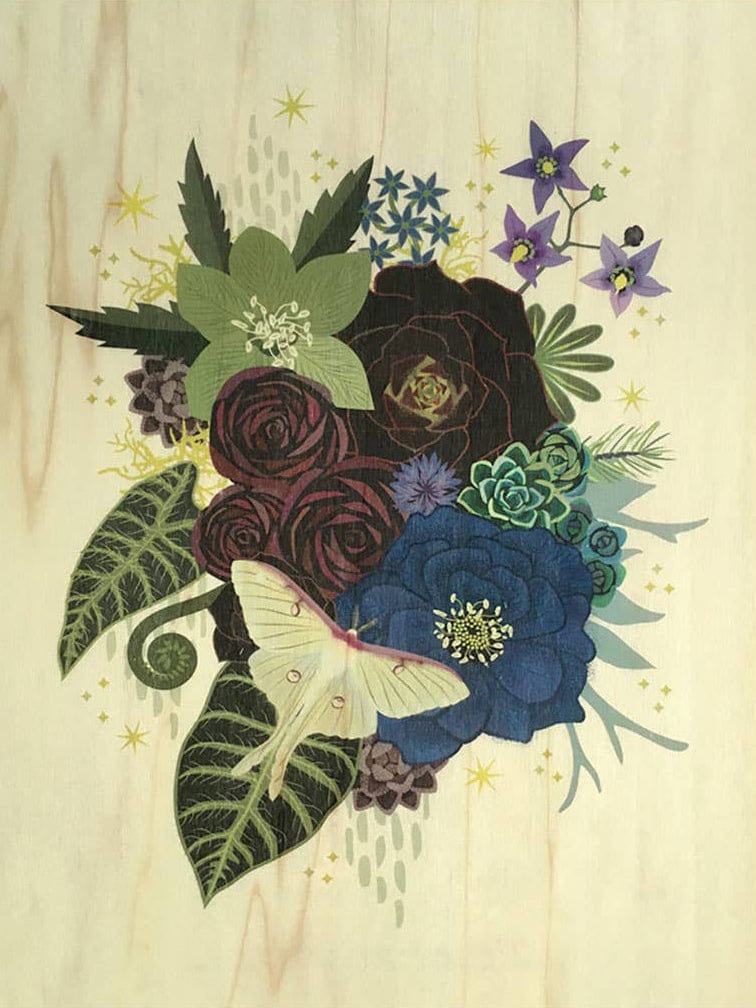 "Luna Moth Bouquet" Small Wood Print, 11" x 8.5" - Shop at Persephone's Hearth