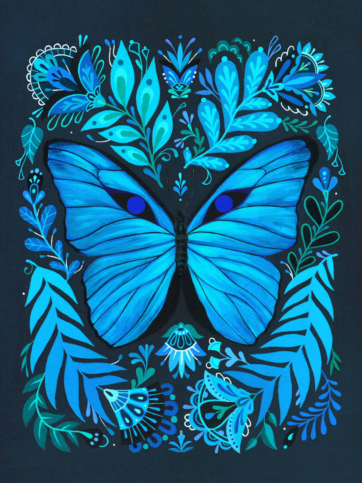 "Blue Morpho" Folk Art Print, 10" x 8"