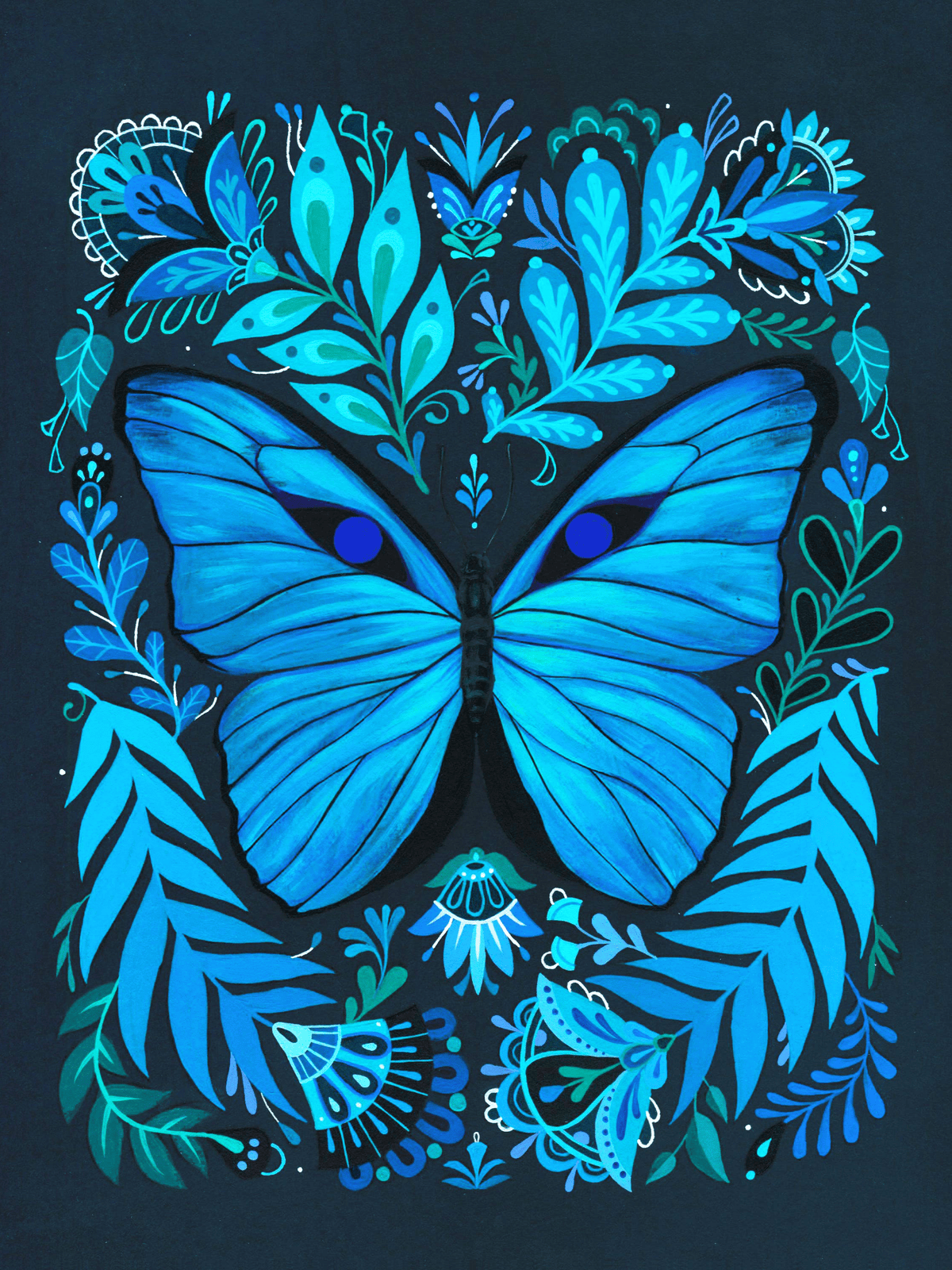 Mheld Illustration Giclee Print "Blue Morpho" Folk Art Print, 10" x 8"