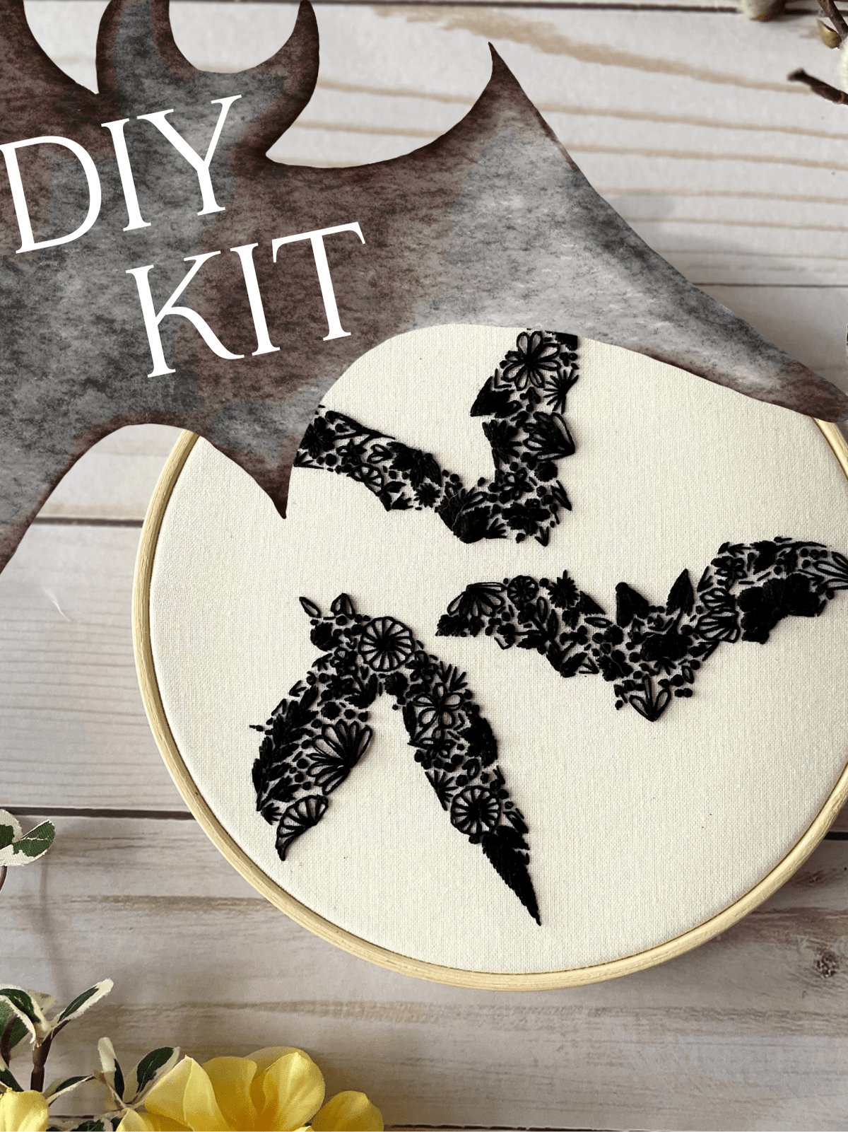 Nest Embirdery Embroidery Kit 6" Beginner Floral Bat Embroidery Kit