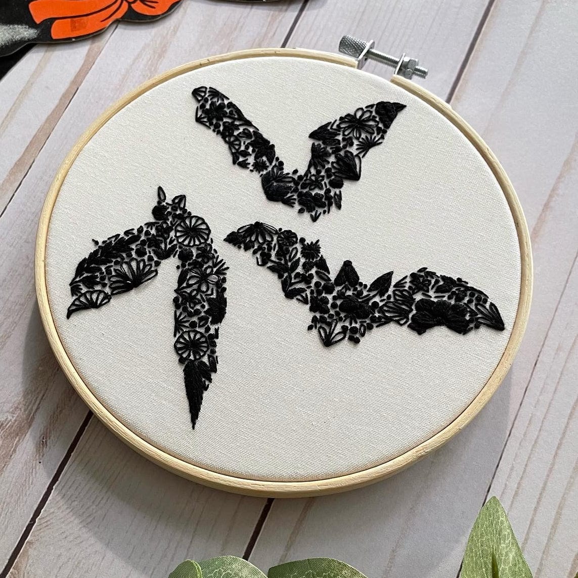 Nest Embirdery Embroidery Kit 6" Beginner Floral Bat Embroidery Kit