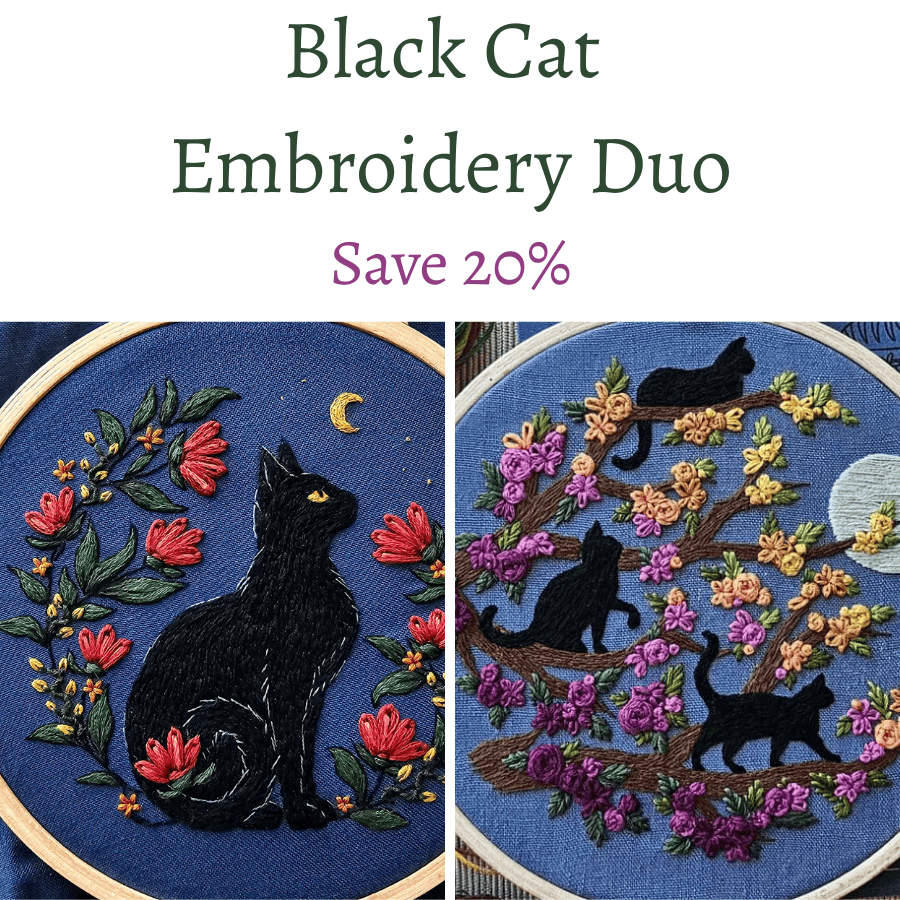 Persephone's Hearth Black Cat Embroidery Duo