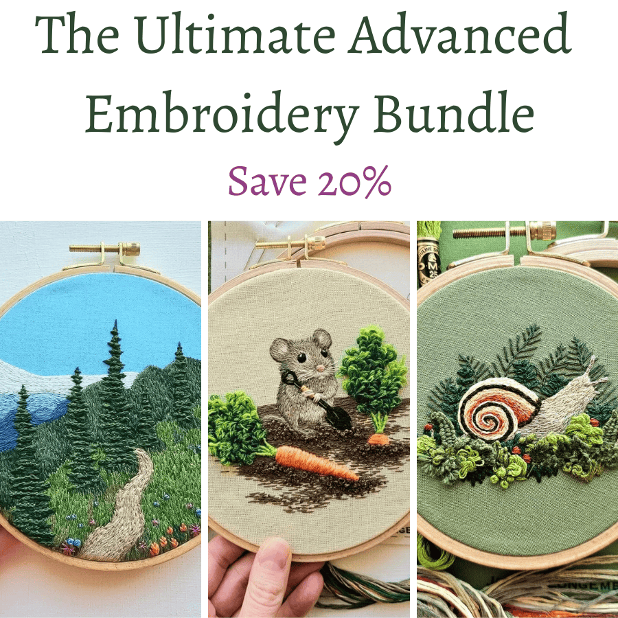 Three wooden hoops showcase scenes from Persephone's Hearth’s *Pre-order* The Ultimate Advanced Embroidery Collection. Above, text reads: “The Ultimate Advanced Embroidery Bundle. Save 20%.”.