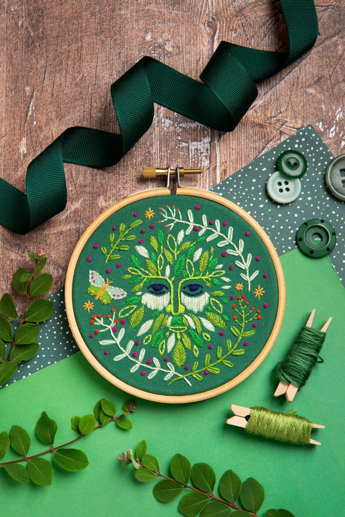 *Pre-order* 4" Beginner Folk Green Man Embroidery Kit - Shop at Persephone's Hearth