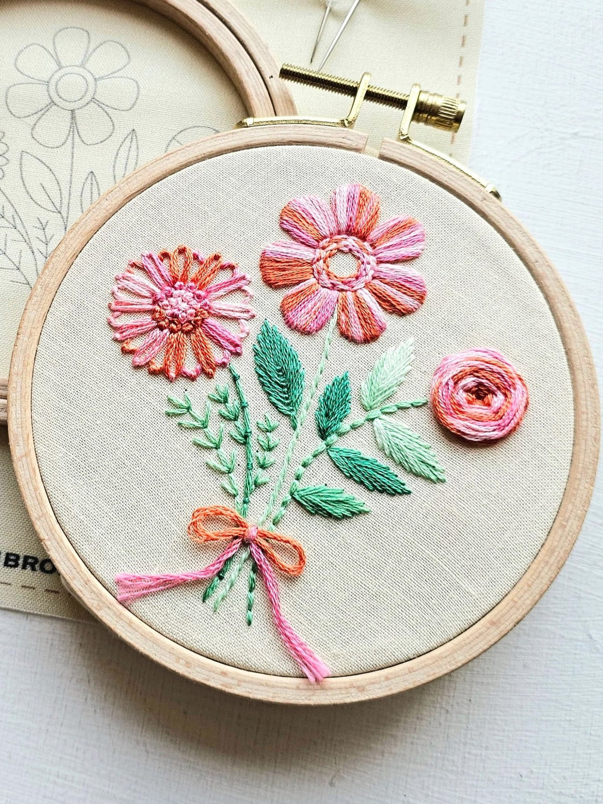 *Pre - order* 4" Beginner Pink Floral Trio Embroidery Kit Embroidery Kit - Shop at Persephone's Hearth
