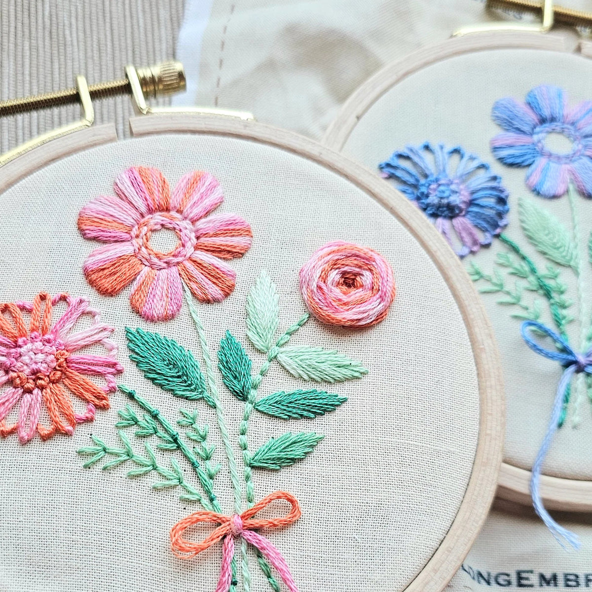 *Pre - order* 4" Beginner Pink Floral Trio Embroidery Kit Embroidery Kit - Shop at Persephone's Hearth