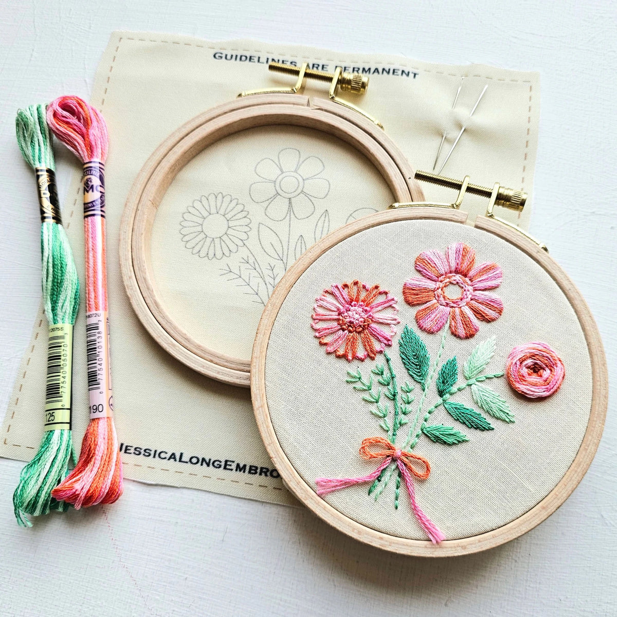 *Pre - order* 4" Beginner Pink Floral Trio Embroidery Kit Embroidery Kit - Shop at Persephone's Hearth