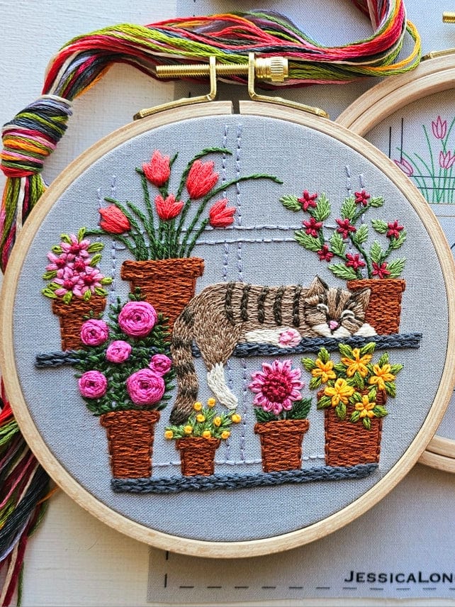 *Pre - Order* 5" Beginner Cat Nap with Flowers Embroidery Kit - Shop at Persephone's Hearth
