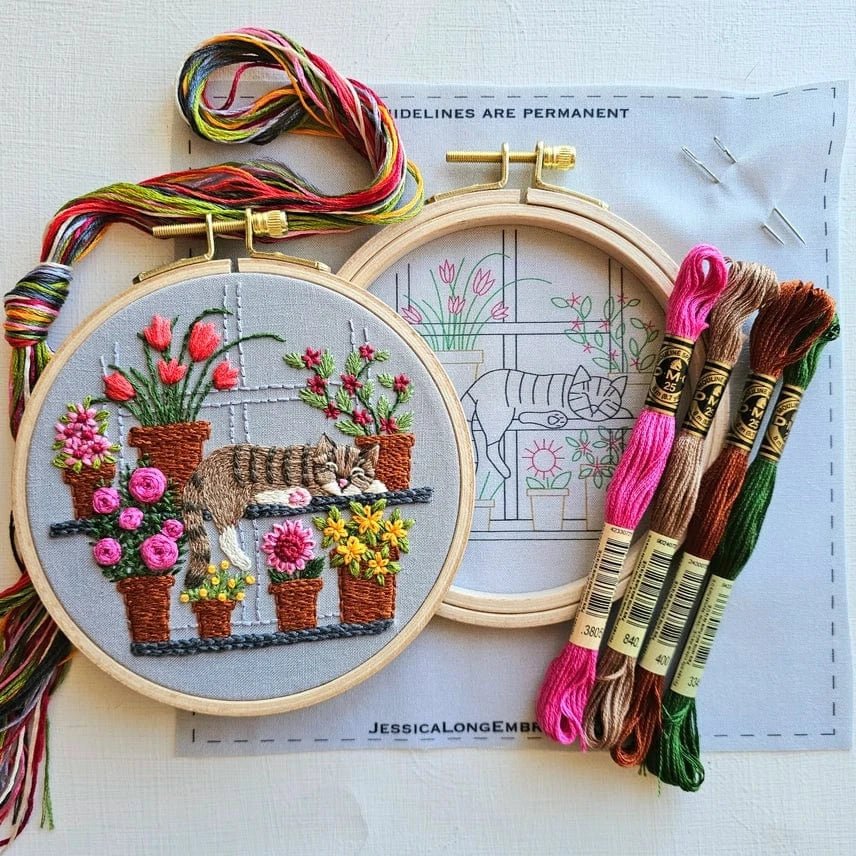 *Pre - Order* 5" Beginner Cat Nap with Flowers Embroidery Kit - Shop at Persephone's Hearth